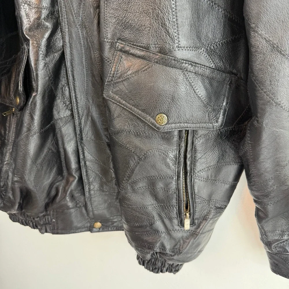 Vintage Genuine Leather Patchwork Bomber Jacket Black Oversized XL 90s Grunge